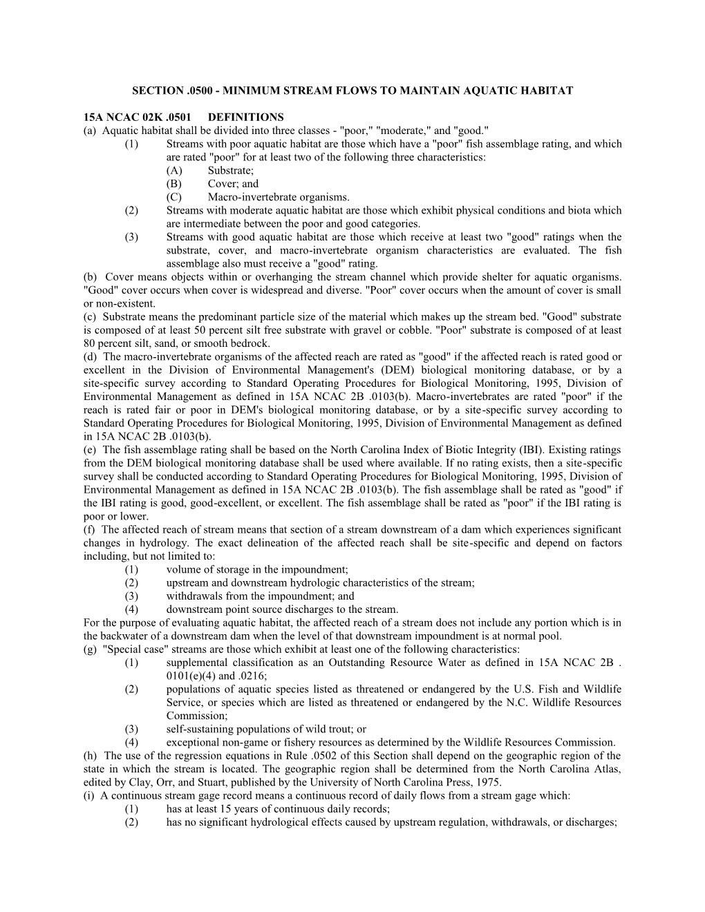 Section .0500 - Minimum Stream Flows to Maintain Aquatic Habitat