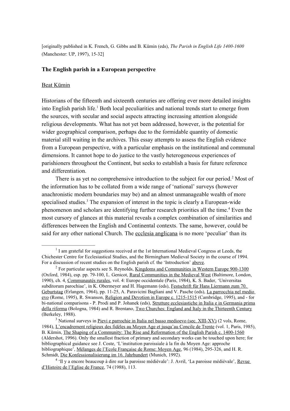 E Parish in European Perspective