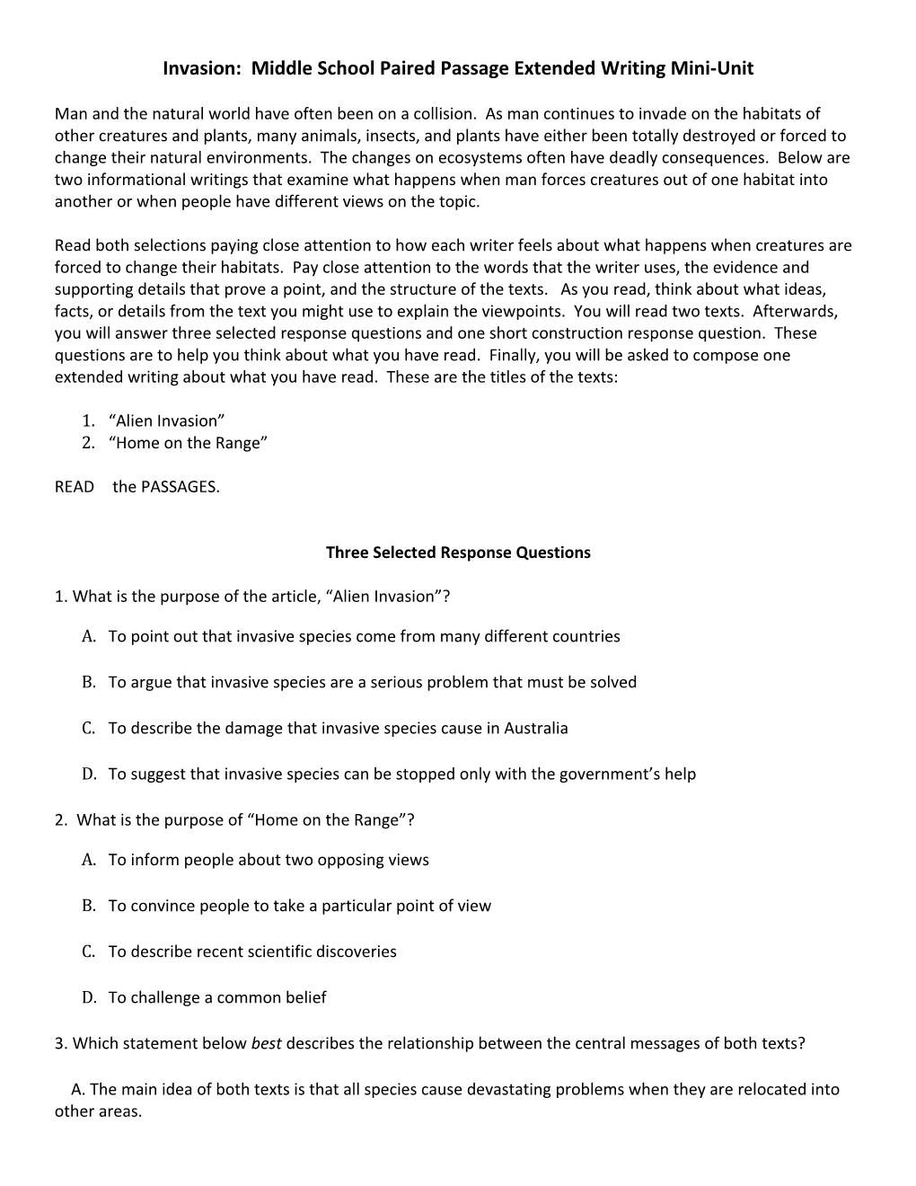 Invasion: Middle School Paired Passage Extended Writing Mini-Unit