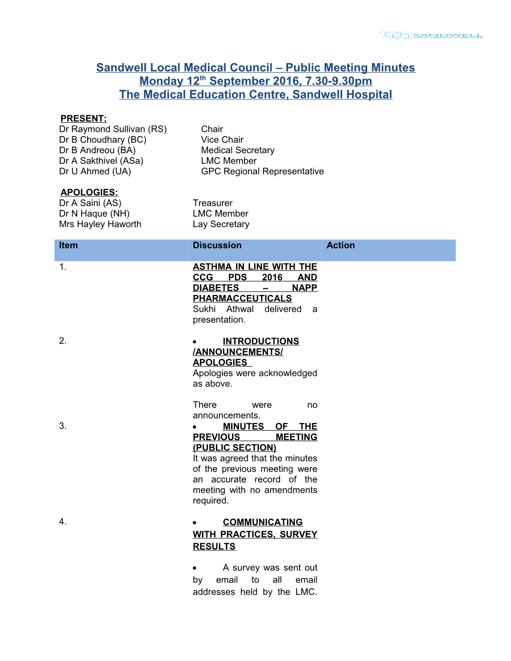 Sandwell Local Medical Council Public Meeting Minutes