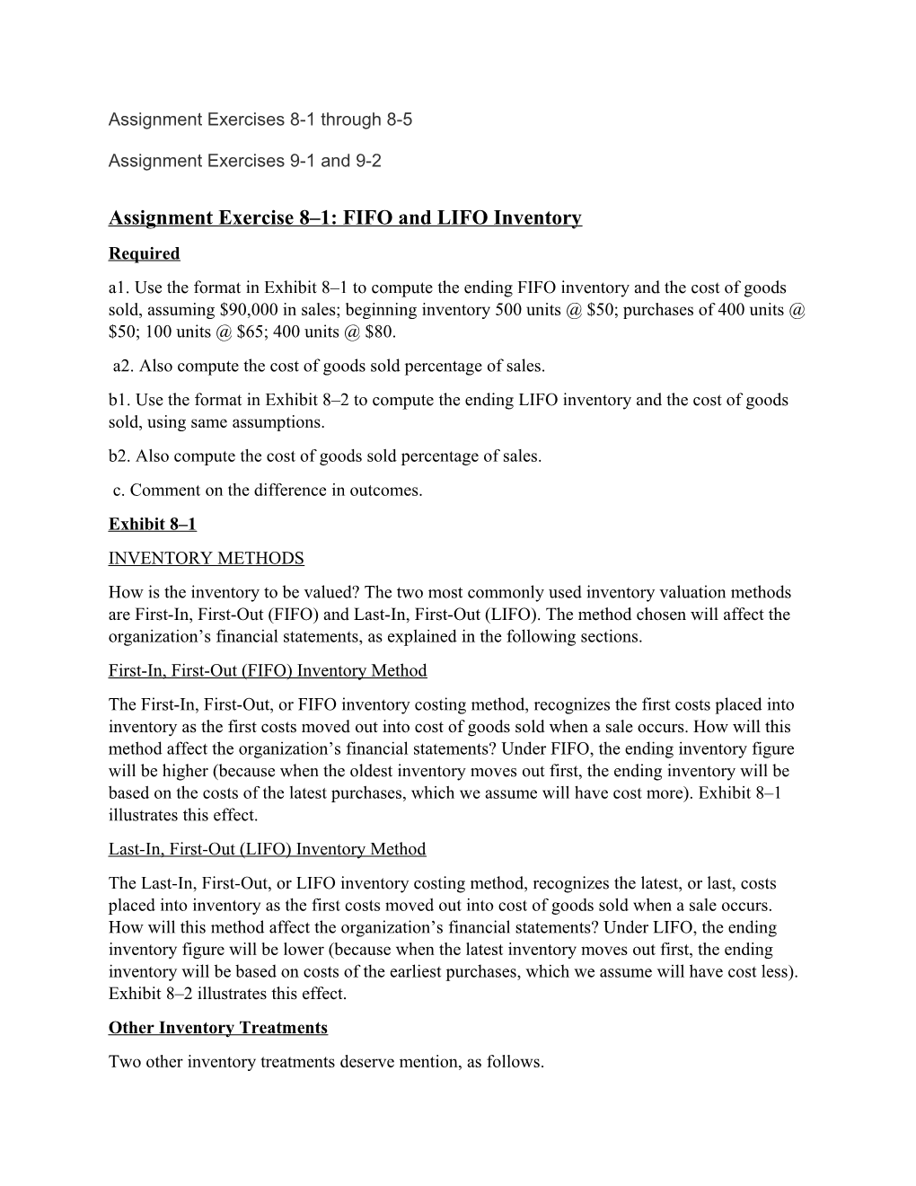 Assignment Exercise 8 1: FIFO and LIFO Inventory