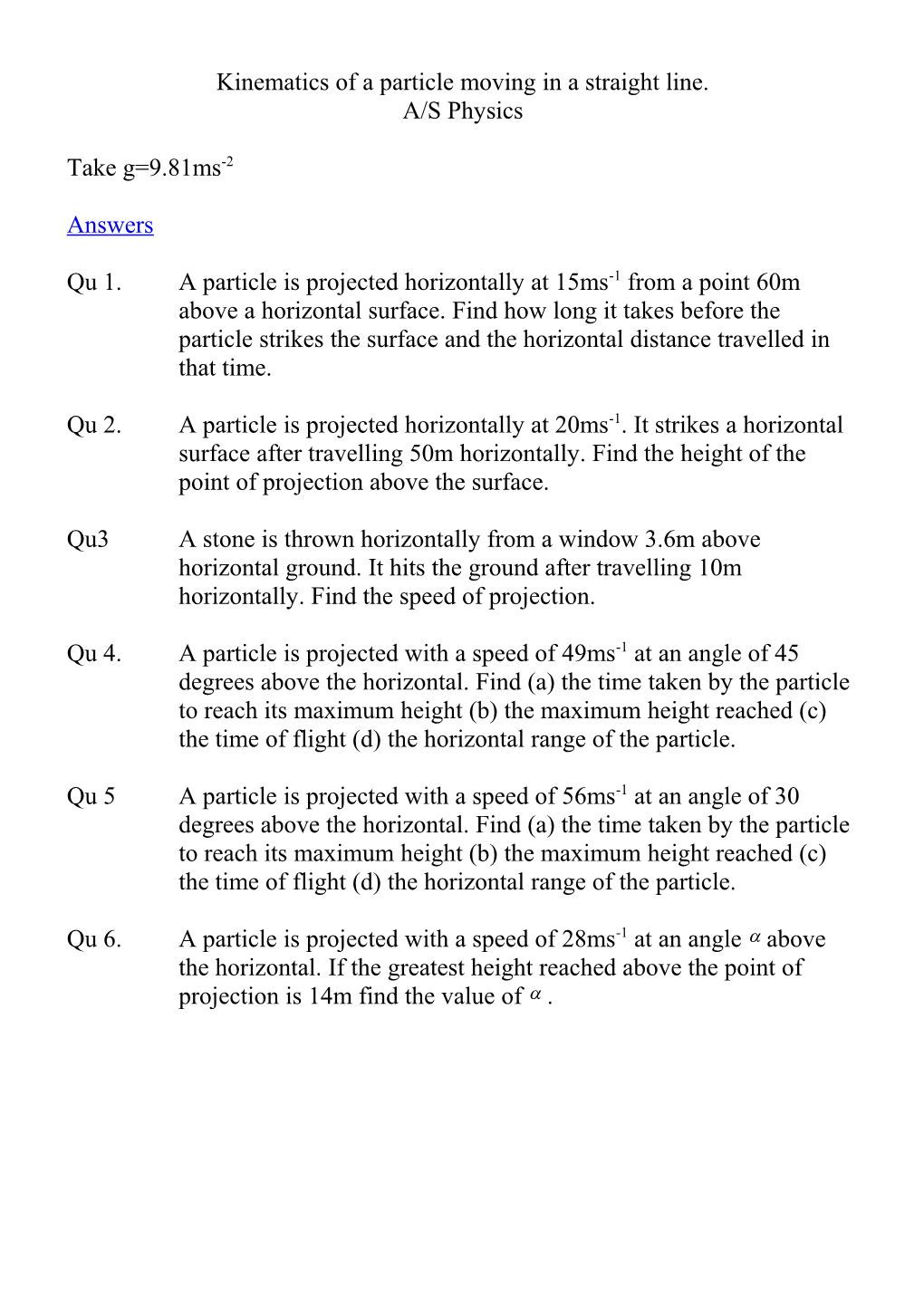 Kinematics of a Particle Moving in a Straight Line