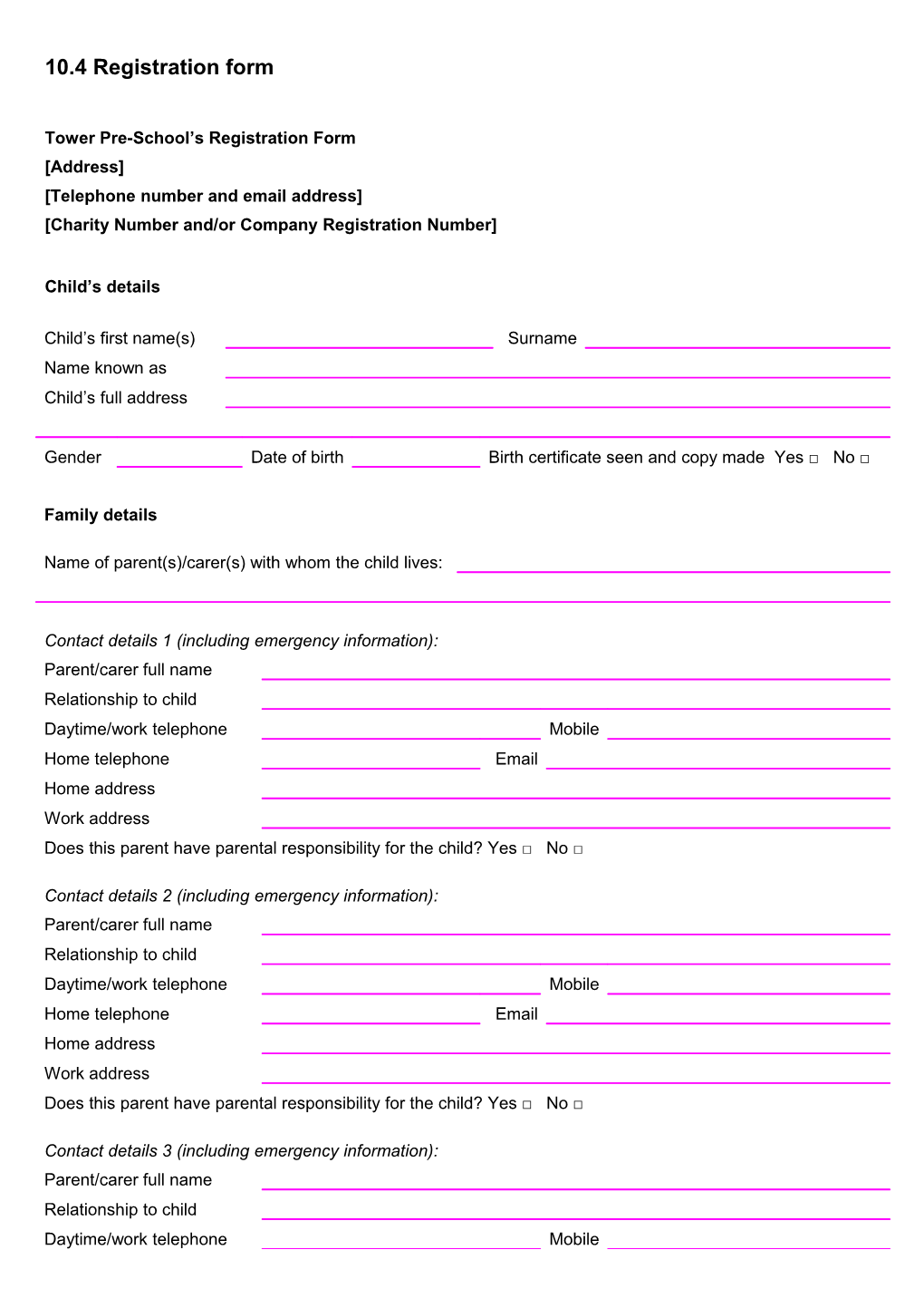 Tower Pre-School S Registration Form