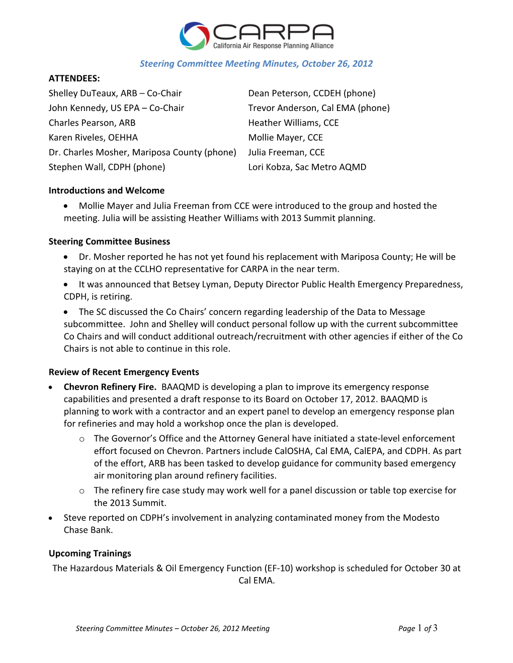 Steering Committee Meeting Minutes,October 26, 2012