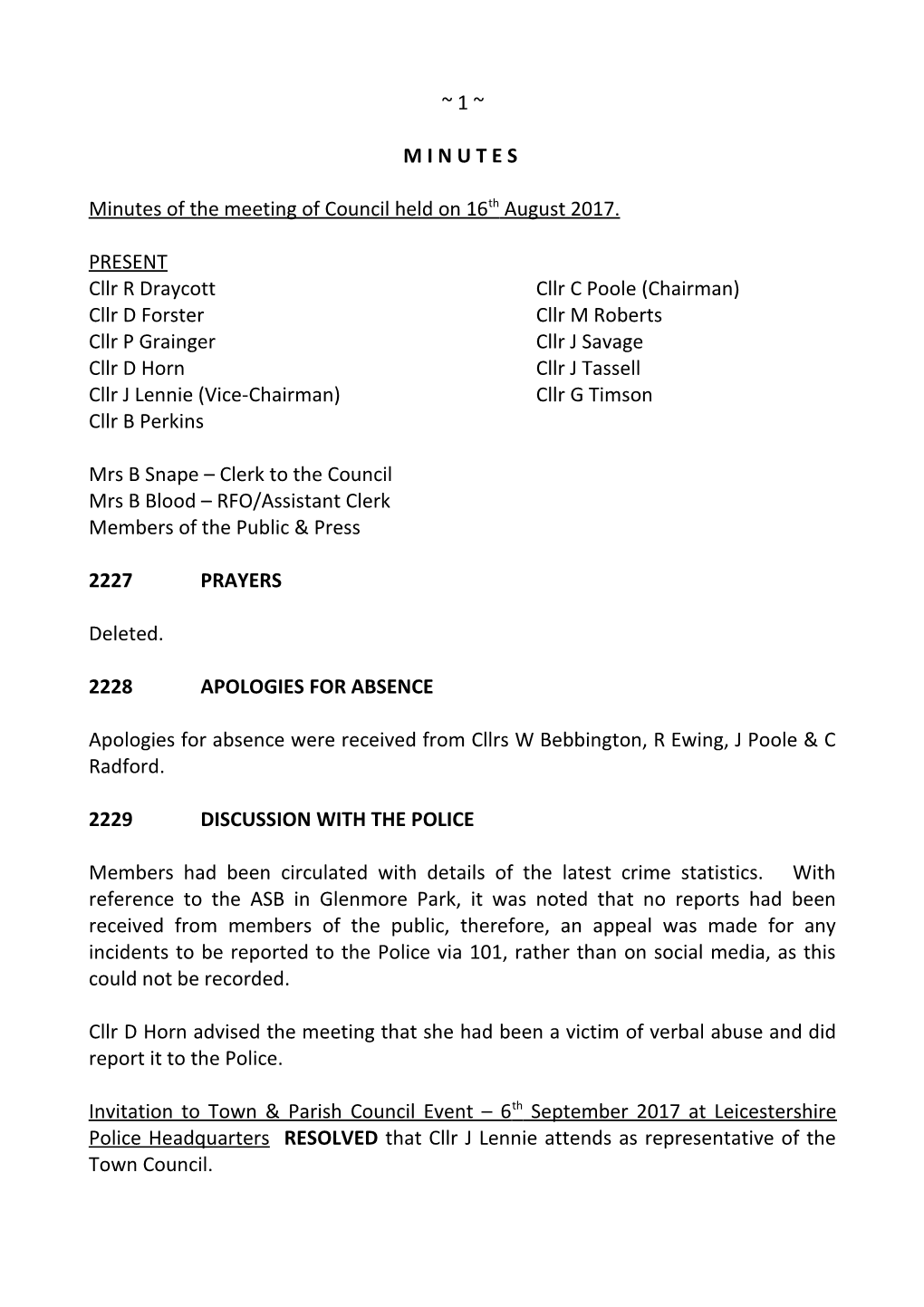 Minutes of the Meeting of Council Held on 16Th August 2017