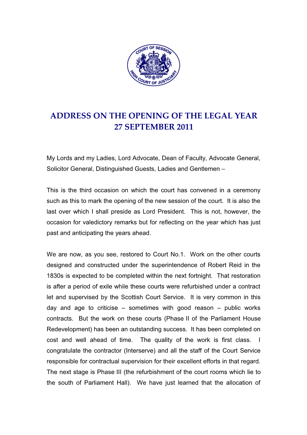 Address on the Opening of the Legal Year