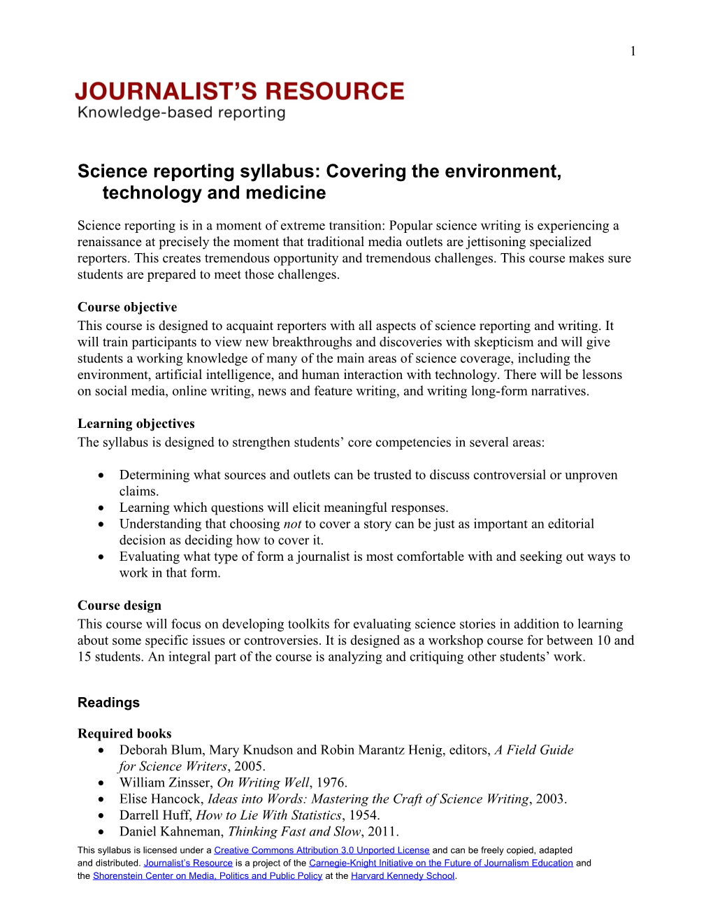 Science Reporting Syllabus: Covering the Environment, Technology and Medicine