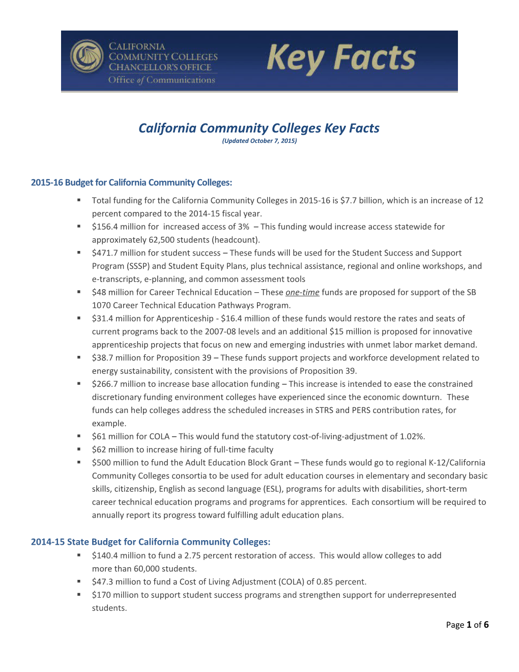 California Community Colleges Key Facts