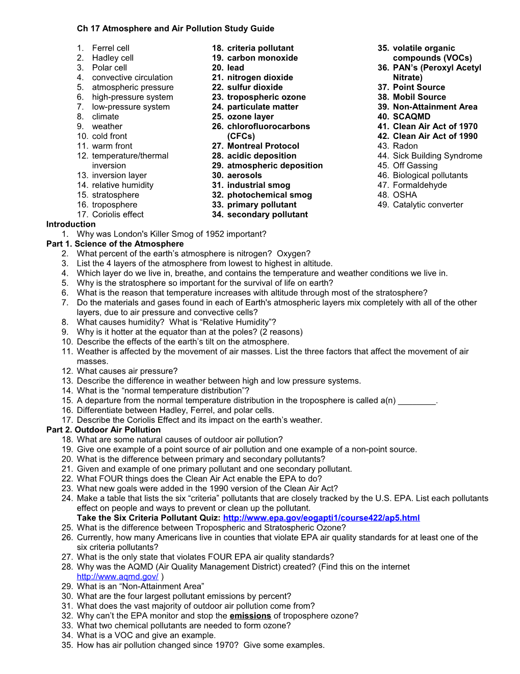 Ch 17 Atmosphere and Air Pollution Study Guide