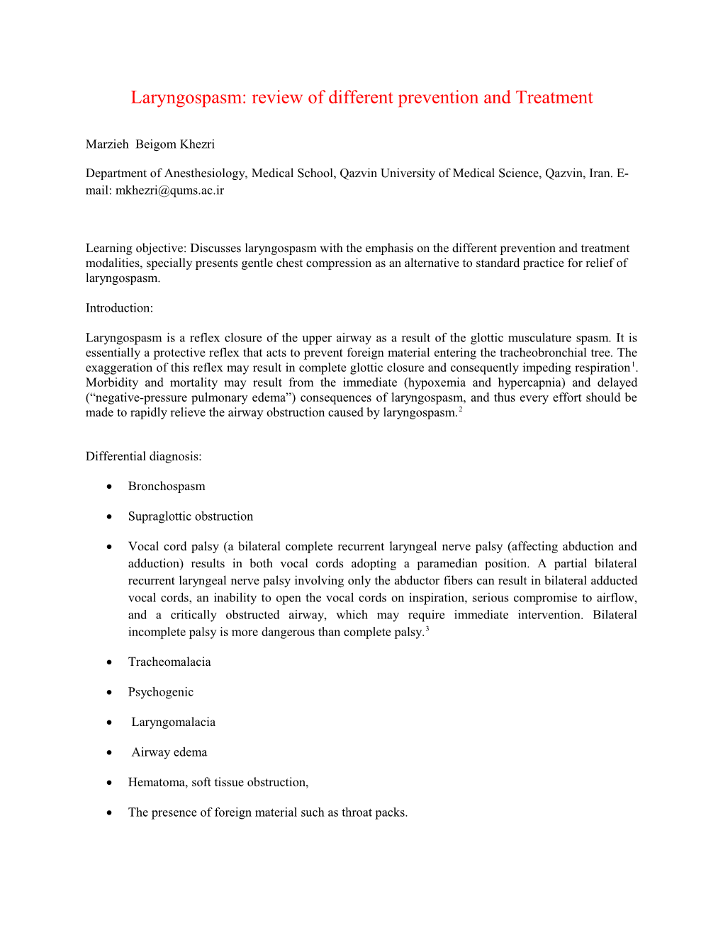 Laryngospasm: Review of Different Prevention Andtreatment