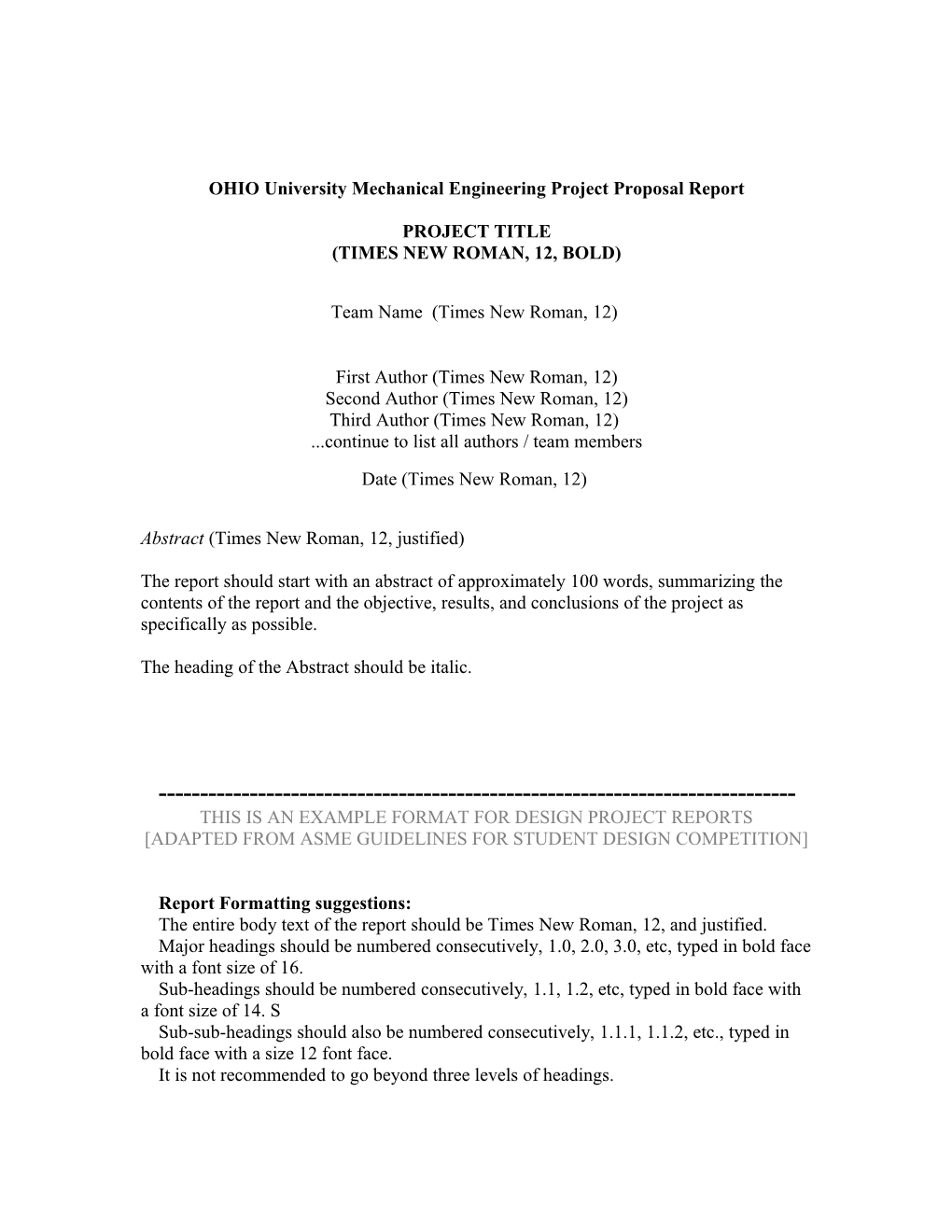 Asme DESIGN Project Report Guidelines
