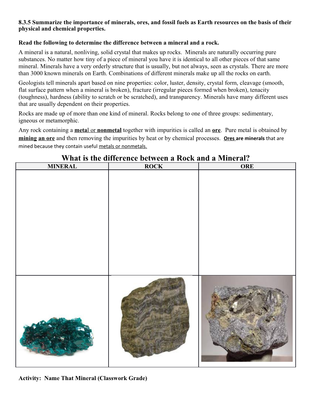 Read the Following to Determine the Difference Between a Mineral and a Rock