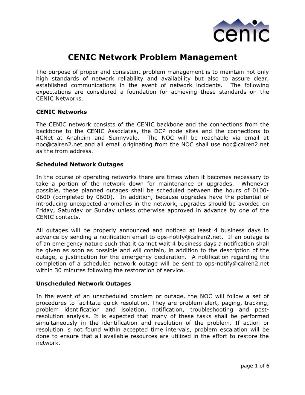 CENIC Network Problem Management