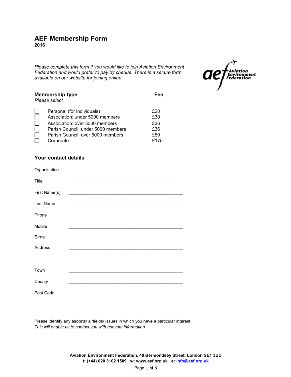 AEF Personal Membership Form