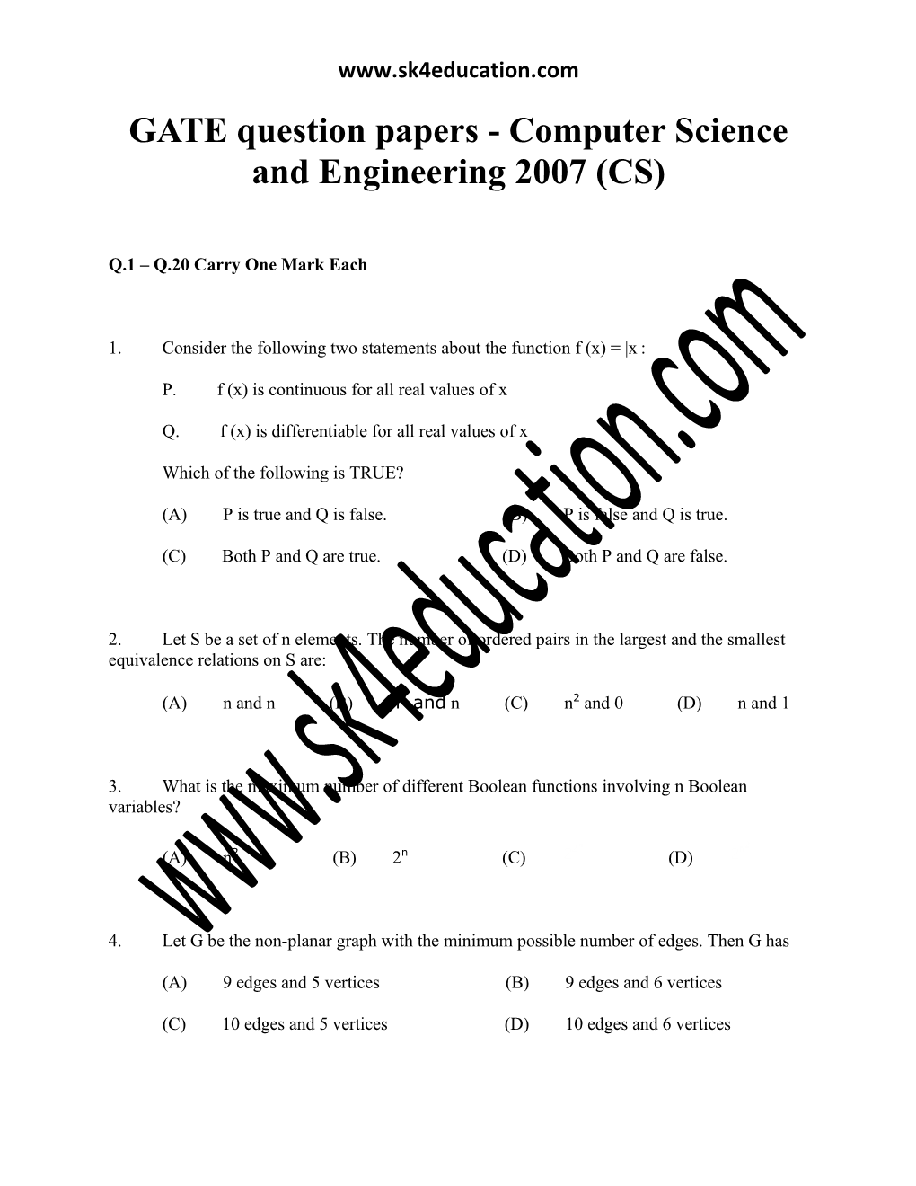 GATE Question Papers - Computer Science and Engineering 2007 (CS)