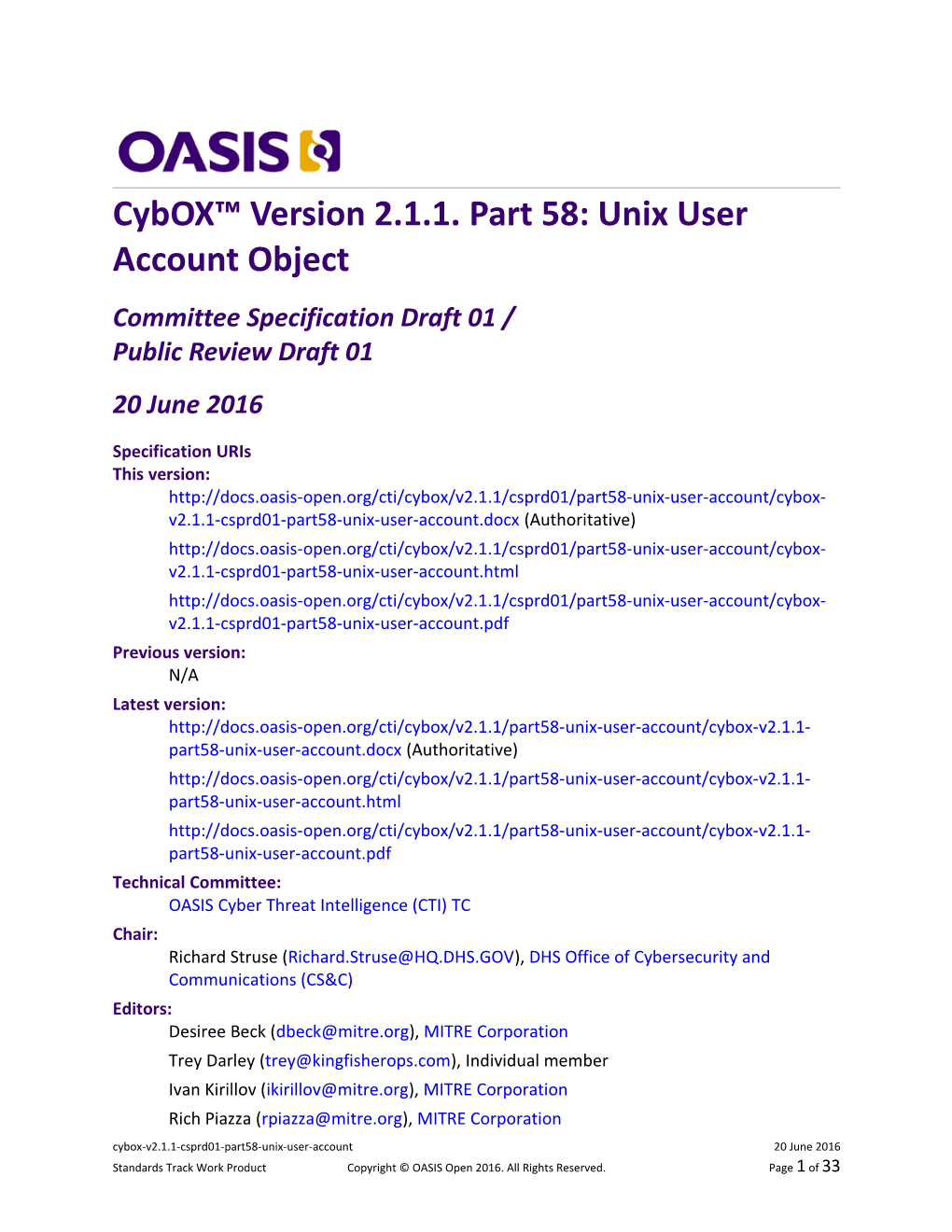 Cybox Version 2.1.1. Part 58: Unix User Account Object