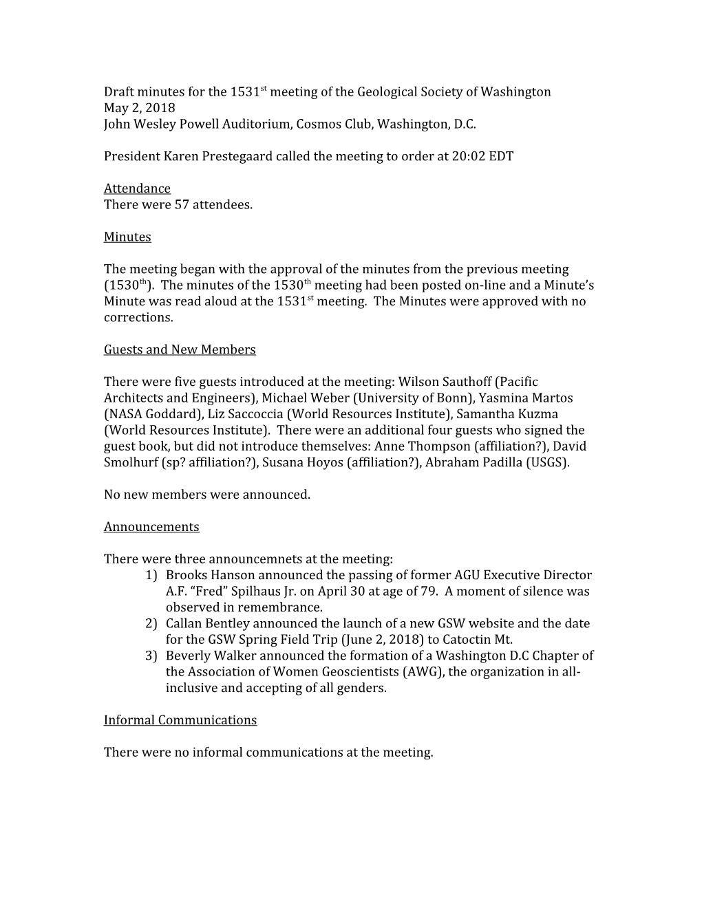 Draft Minutes for the 1531St Meeting of the Geological Society of Washington