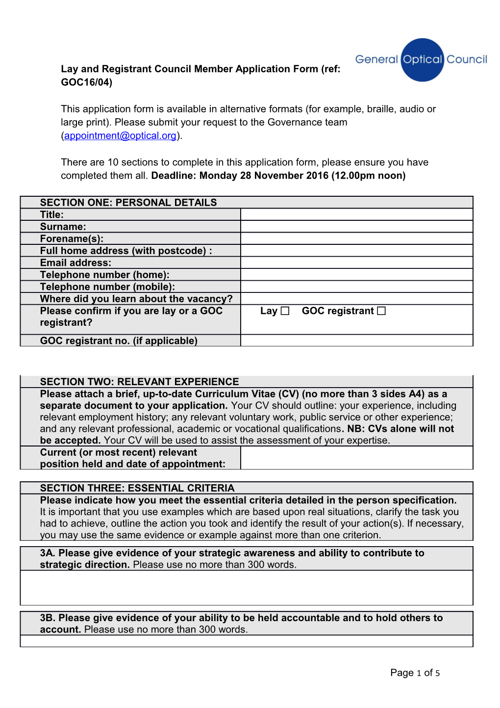 Lay and Registrant Council Member Application Form (Ref: GOC16/04)
