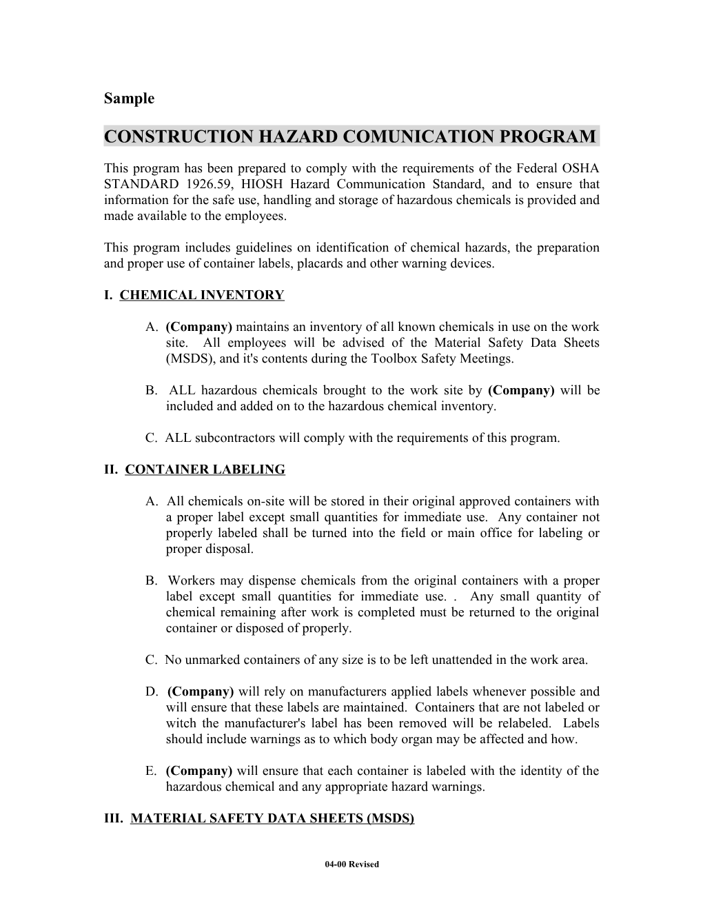 Construction Hazard Comunication Program