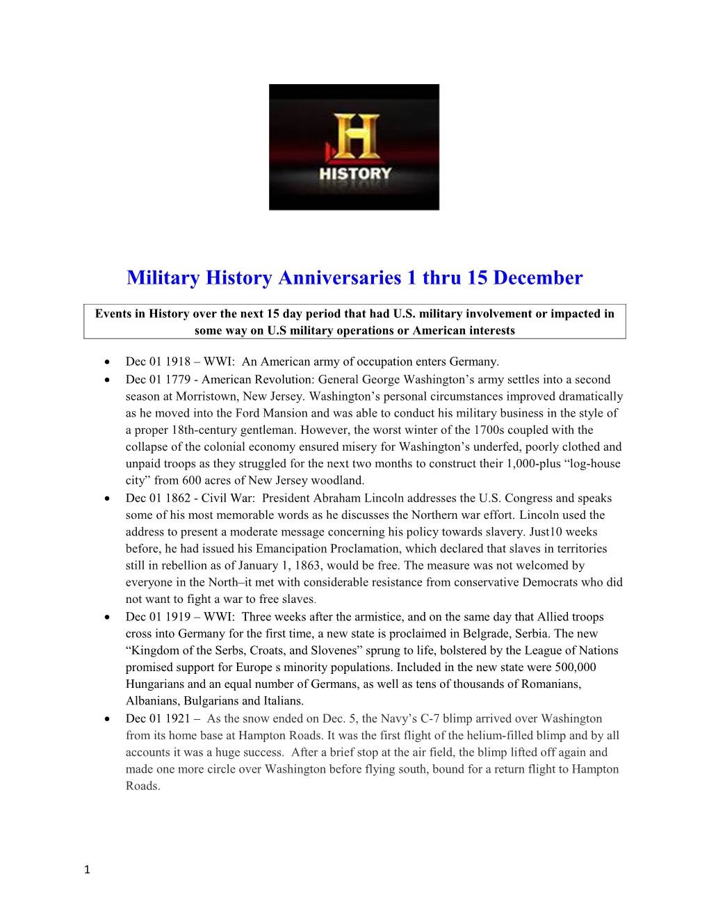 Military History Anniversaries 1 Thru 15 December
