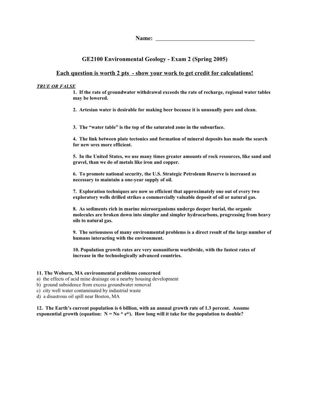 GE2100 Environmental Geology - Exam 2 (Spring 2005)