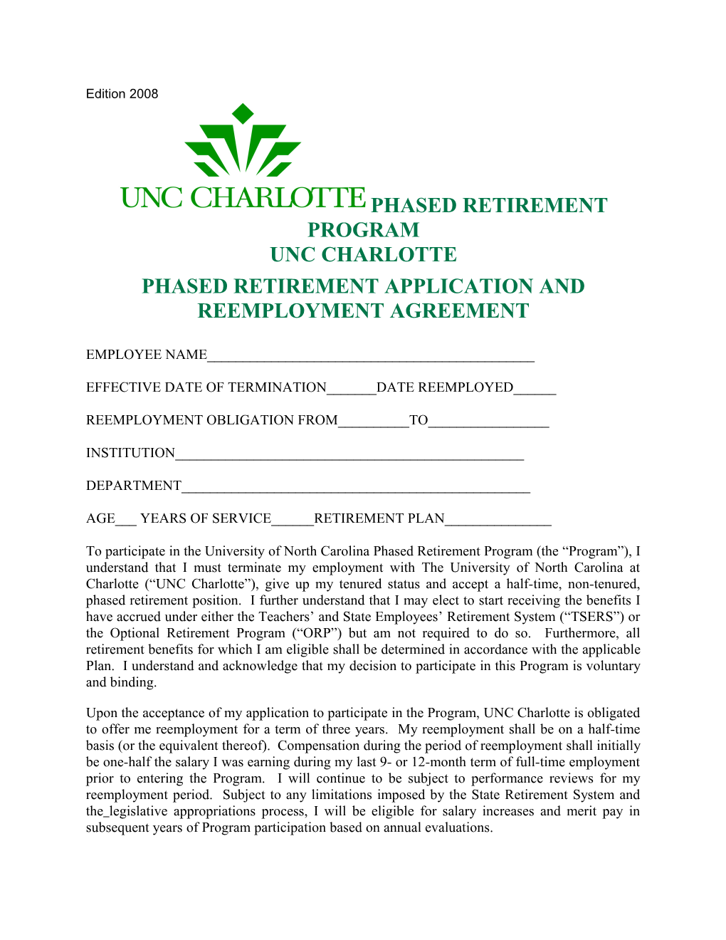 Phased Retirement Application and Reemployment Agreement
