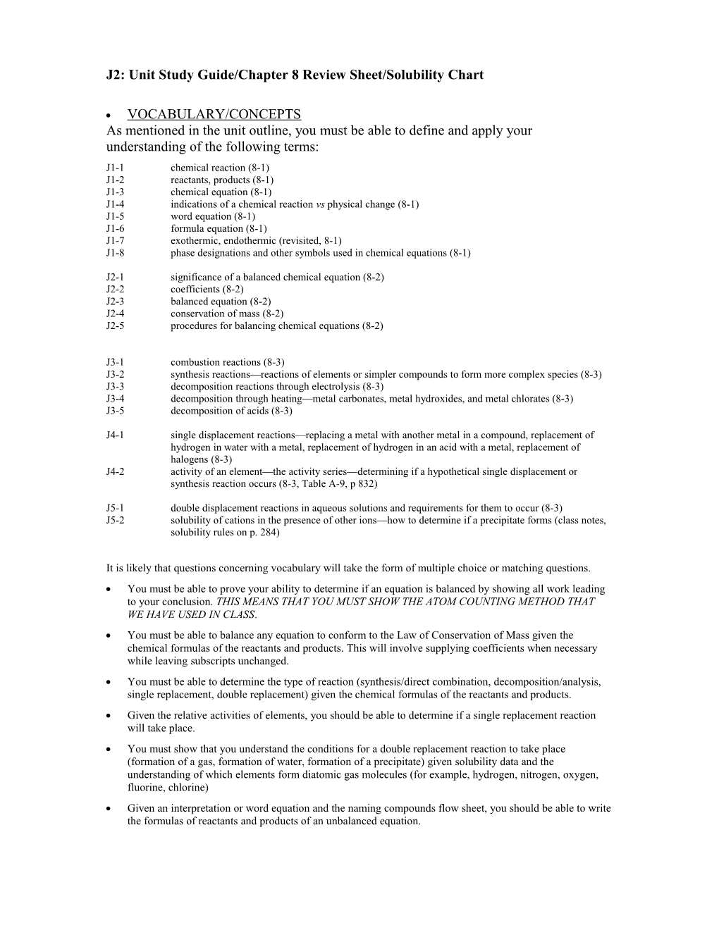 J2: Unit Study Guide/Chapter 8 Review Sheet/Solubility Chart