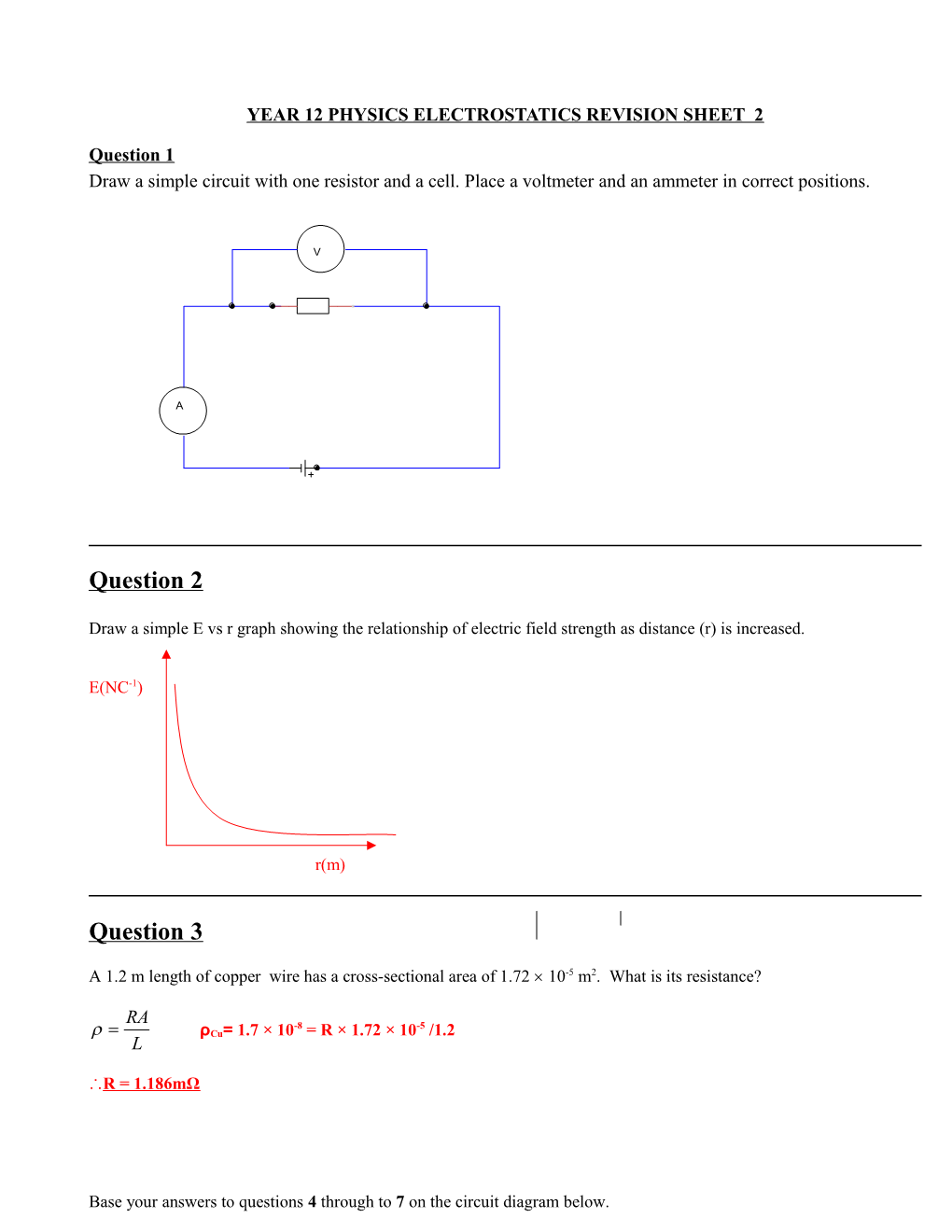 Year 12 Physics Electrostatics Revision Sheet 2