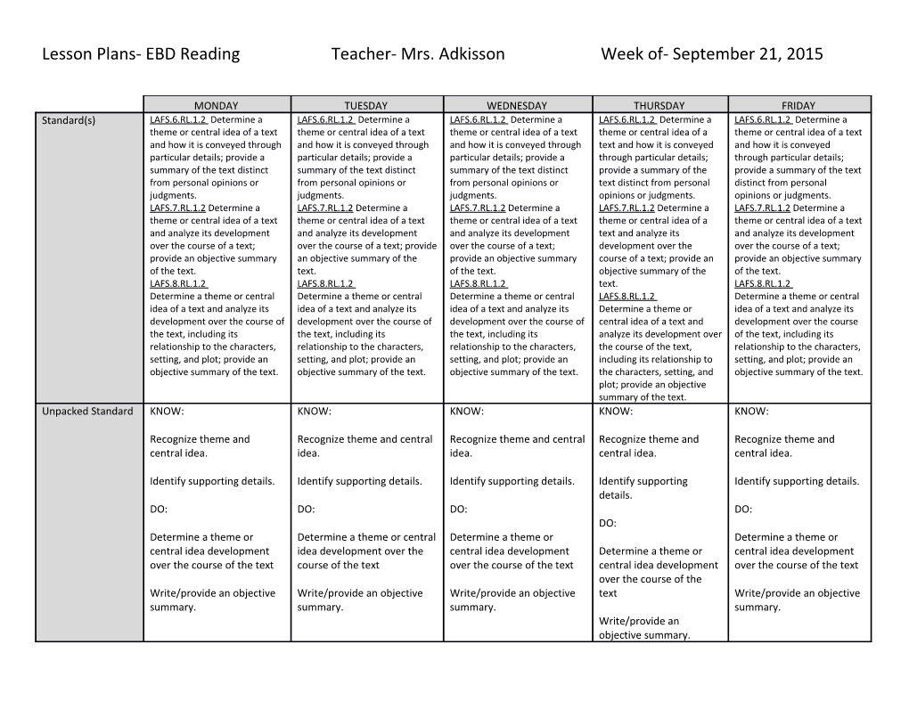 Lesson Plans- EBD Reading Teacher- Mrs. Adkisson Week Of- September 21, 2015