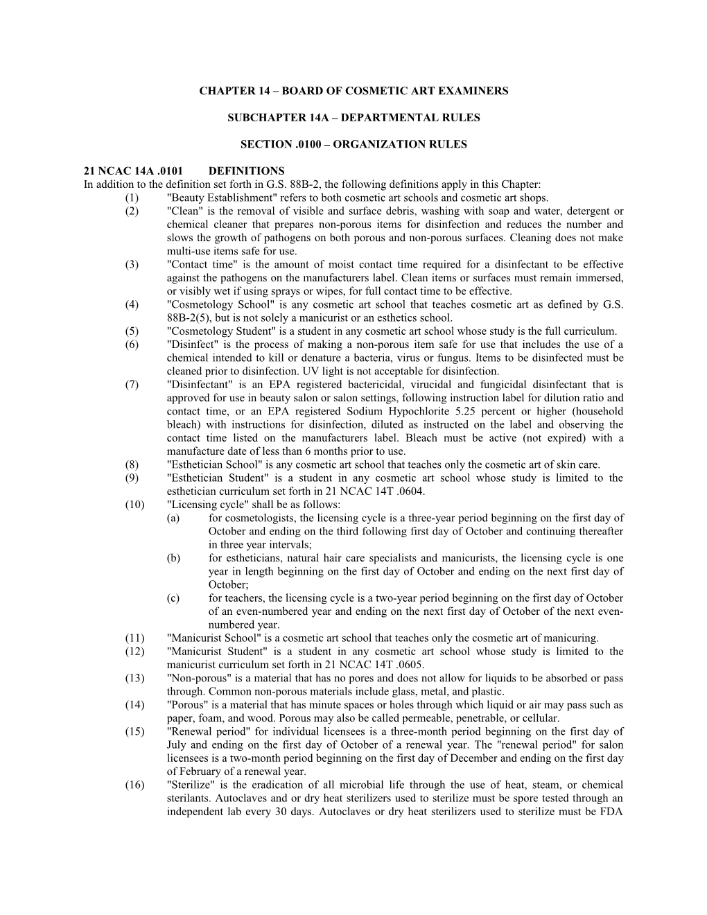 CHAPTER 14 Board of COSMETIC ART EXAMINERS