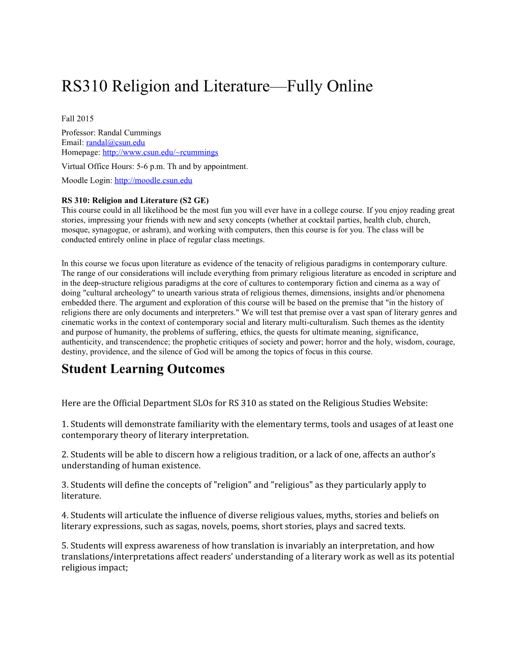RS310 Religion and Literature Fully Online