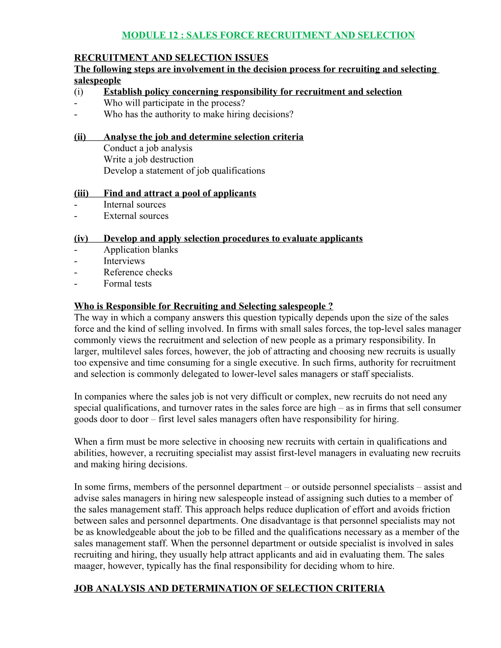 Module 12 : Sales Force Recruitment and Selection