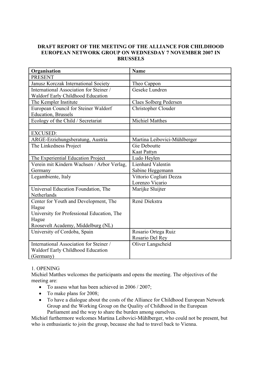 Draft Agenda of the Autumn 2006 Meeting of the Ecology of the Child European Network Group