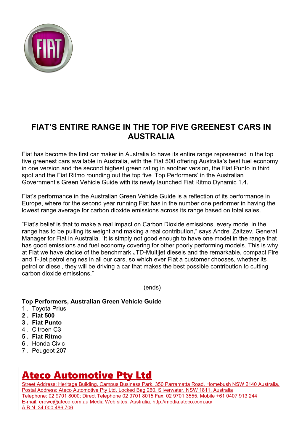 Fiat S Entire Range in the Top Five Greenest Cars in Australia