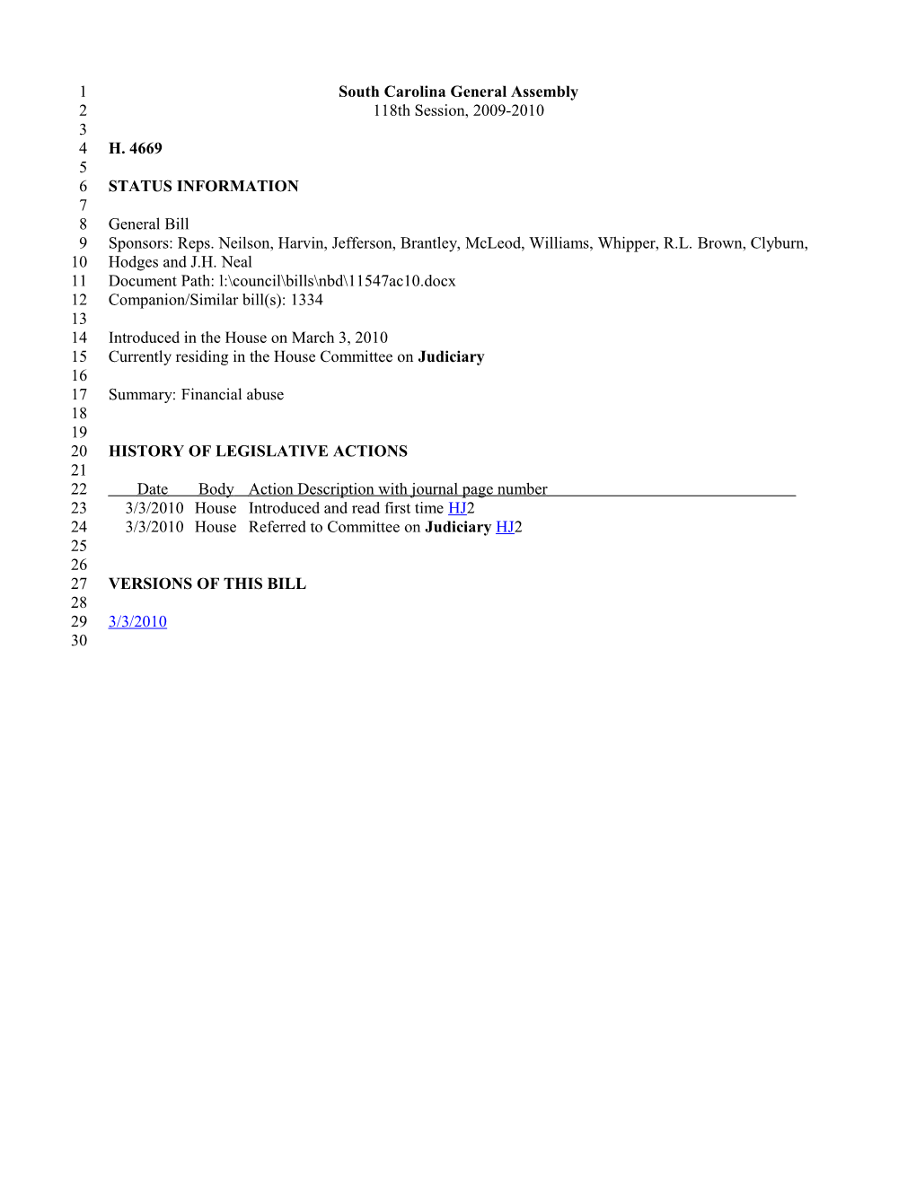 2009-2010 Bill 4669: Financial Abuse - South Carolina Legislature Online