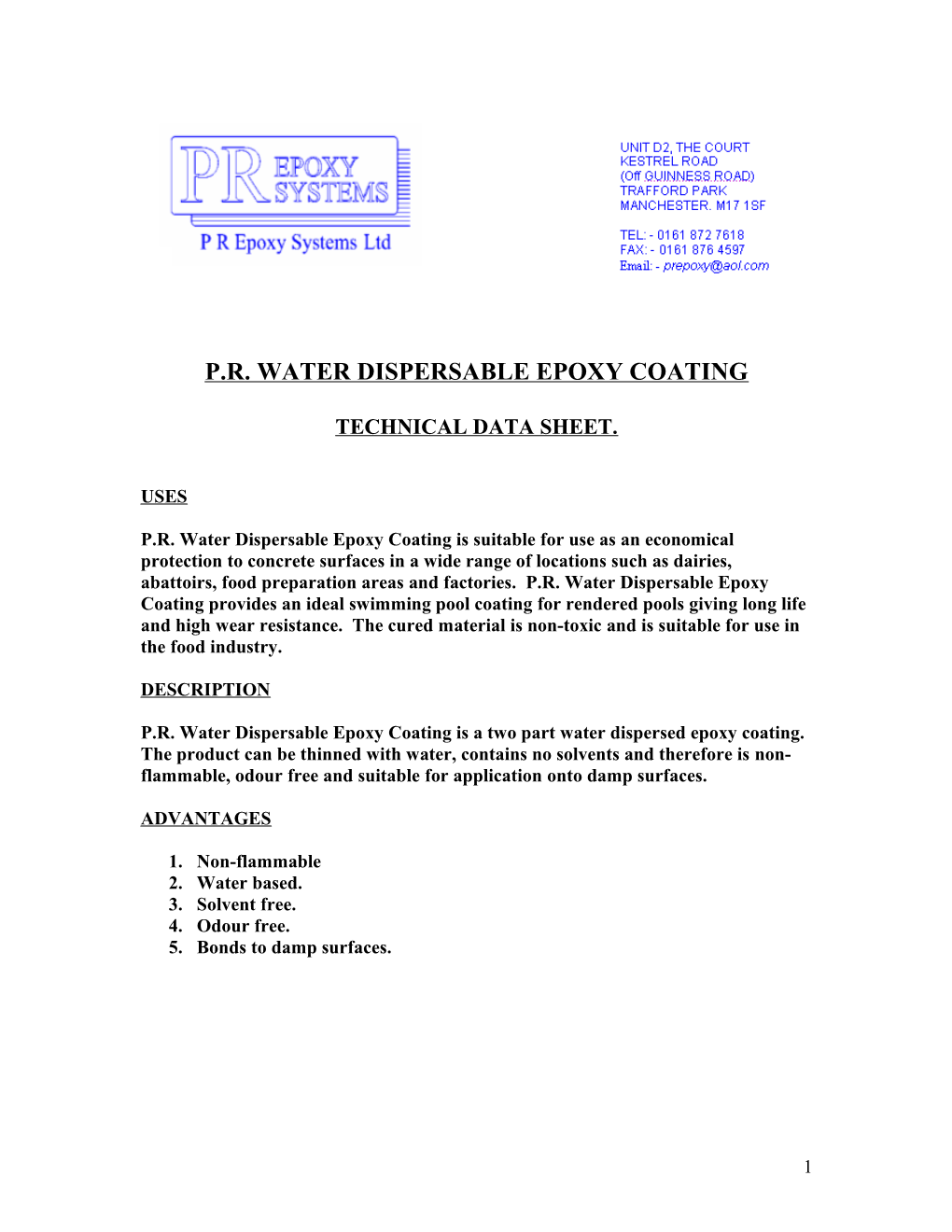 P.R. Water Dispersable Epoxy Coating
