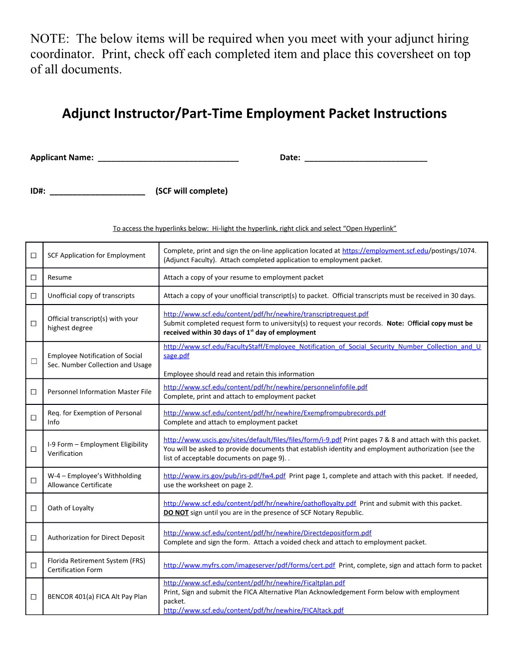 Adjunct Instructor/Part-Time Employment Packet Instructions