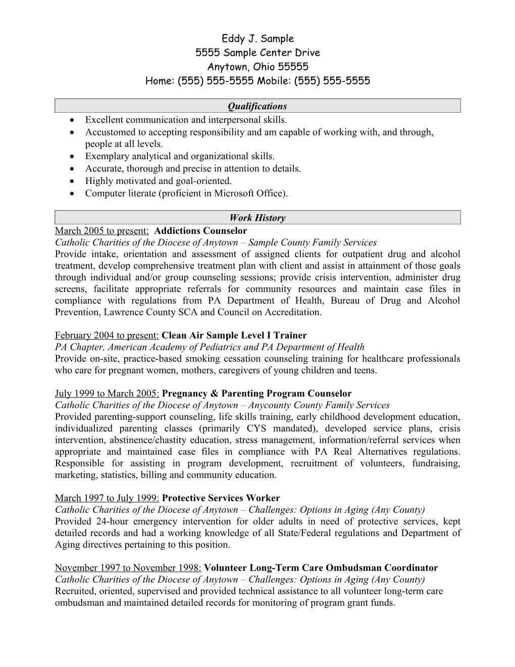 Drug & Alcohol Sample Resume Social Service Network