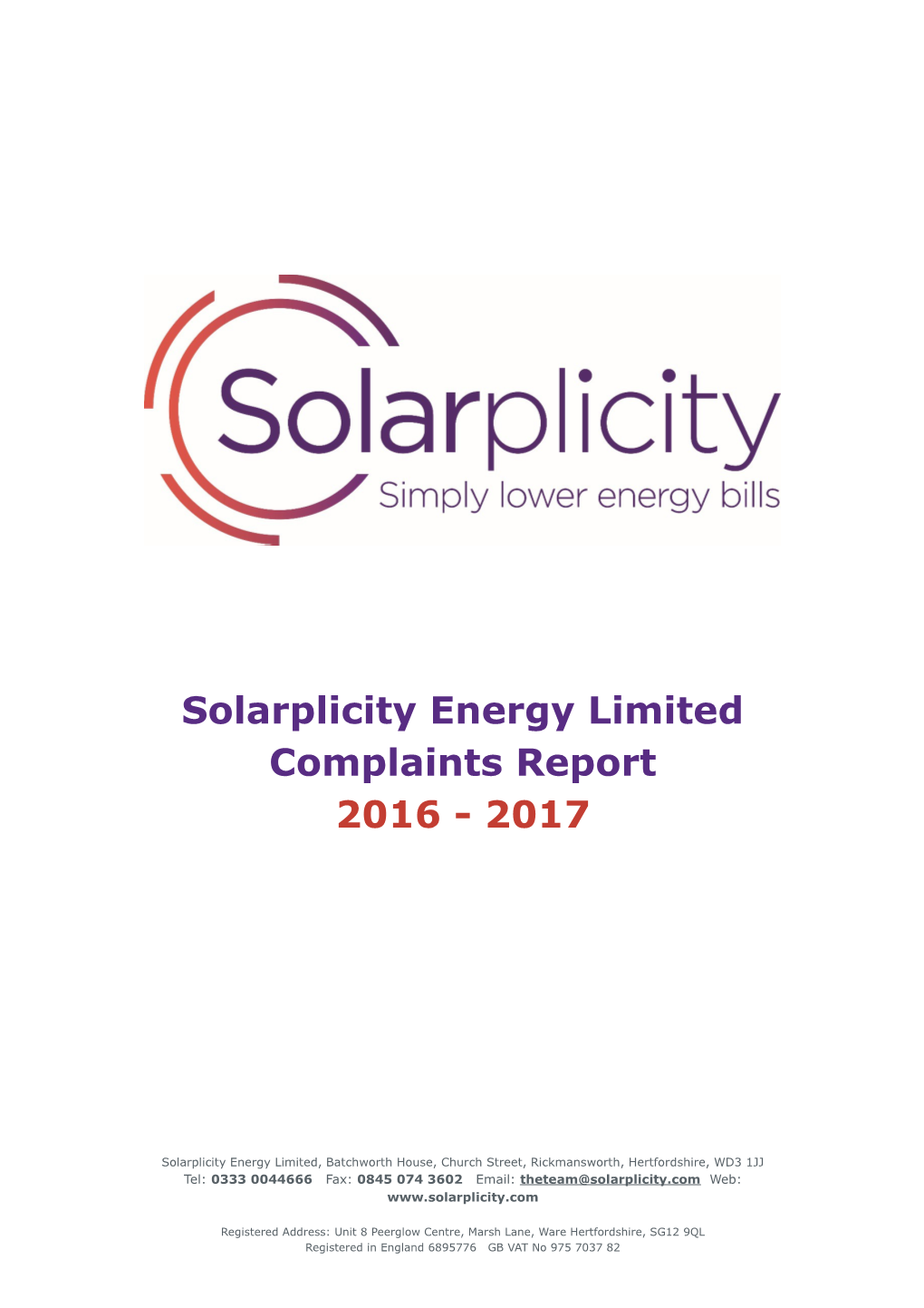 Solarplicity Energy Limited Complaints Report 2016/17