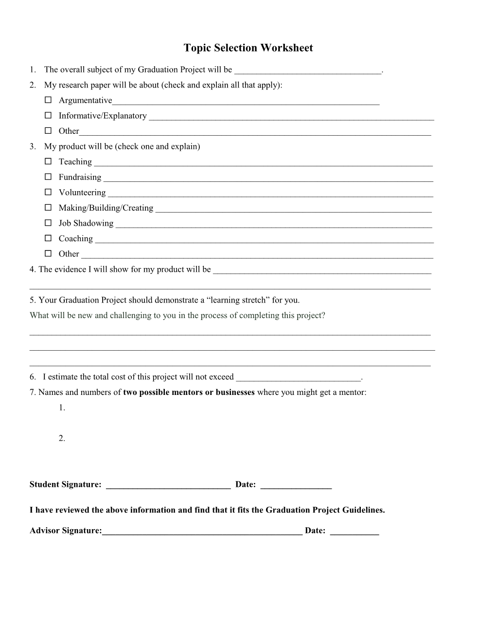 Topic Selection Worksheet