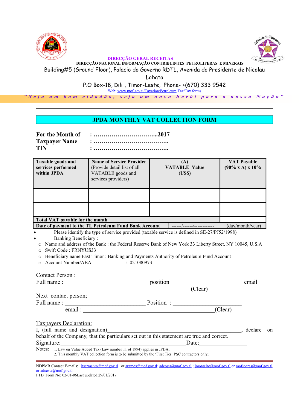 Timor Gap Monthly Vat Collection Form