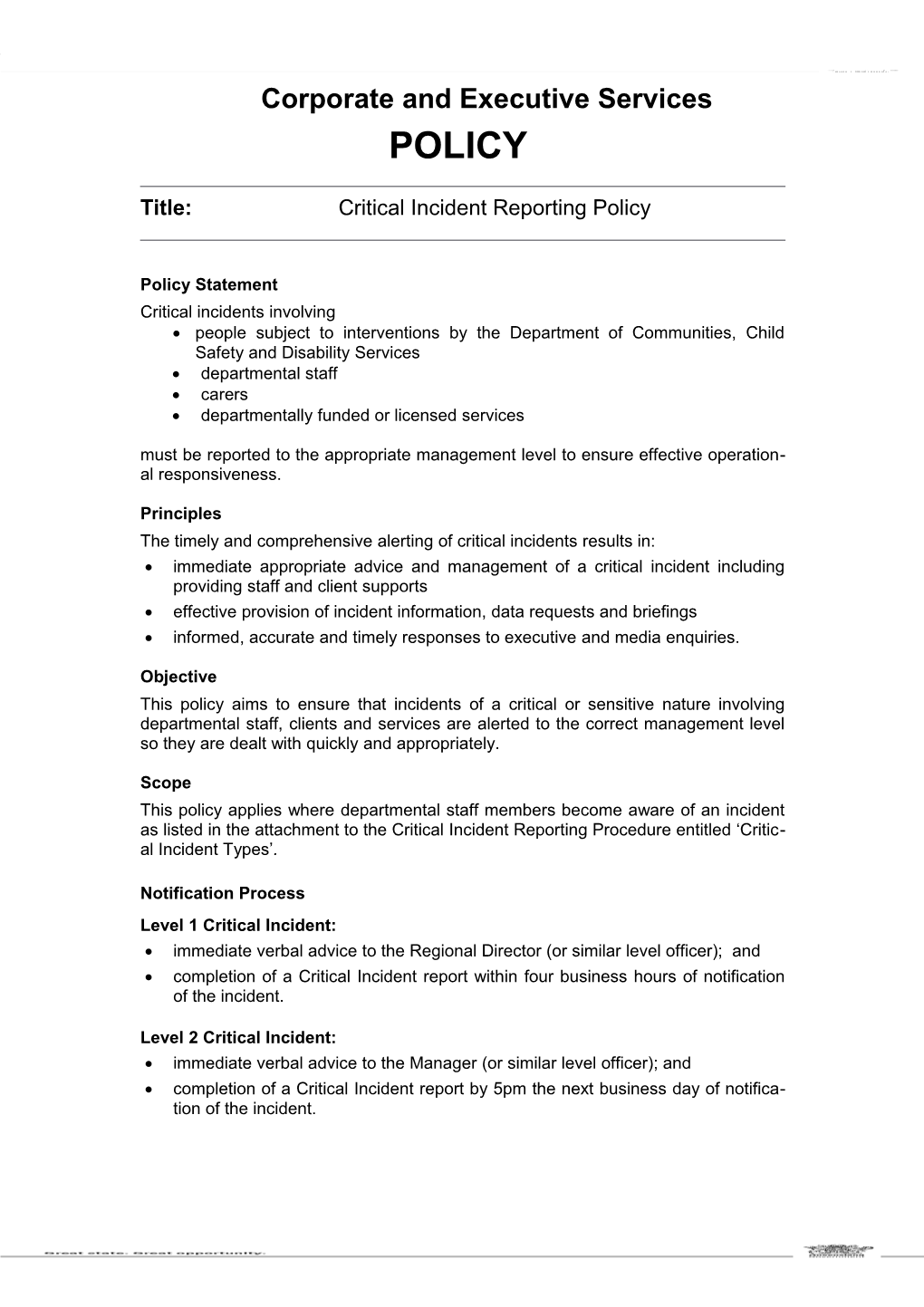 Critical Incident Reporting Policy