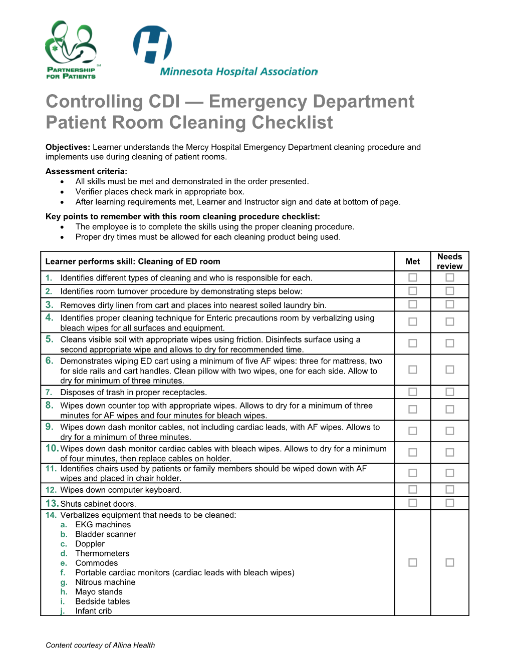 Controlling CDI Emergency Departmentpatient Room Cleaning Checklist