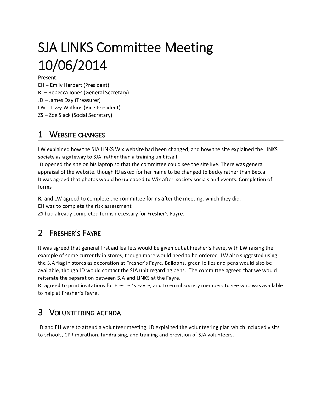 SJA LINKS Committee Meeting 10/06/2014
