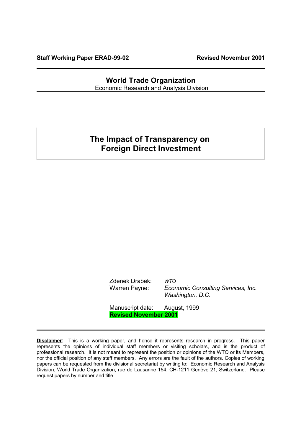 The Impact of Non-Transparency on Foreign Direct Investment