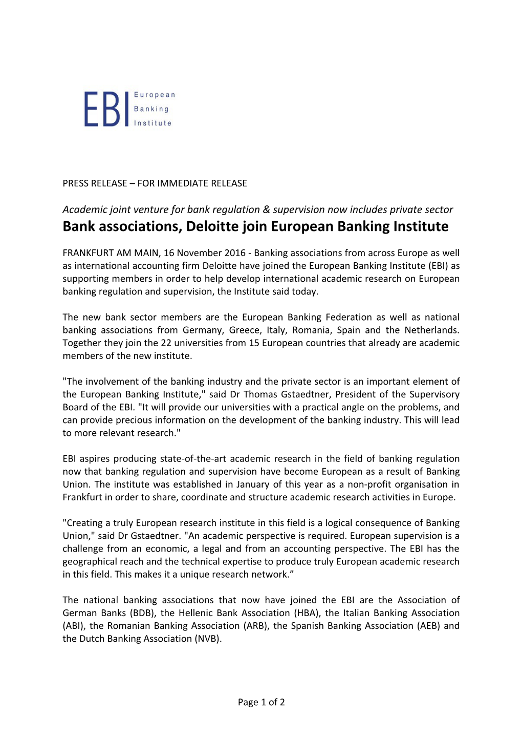Bank Associations, Deloitte Join European Banking Institute