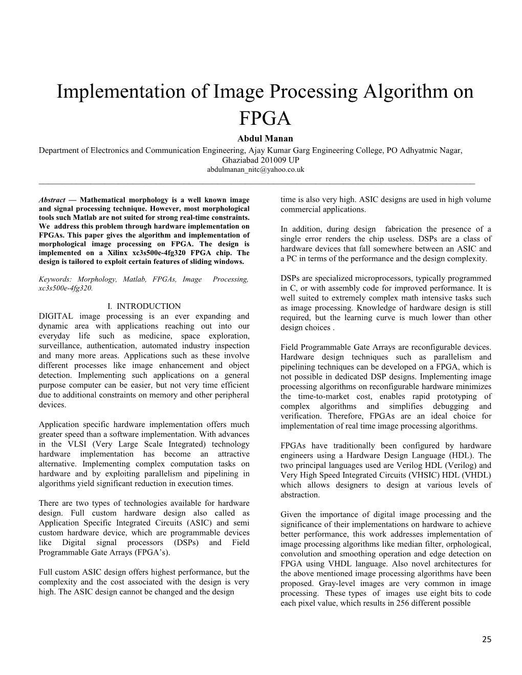Implementation of Image Processing Algorithm on FPGA