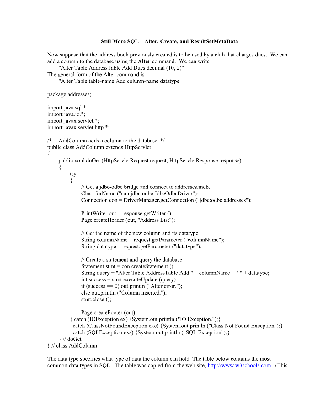 Still More SQL Alter, Create, and Resultsetmetadata