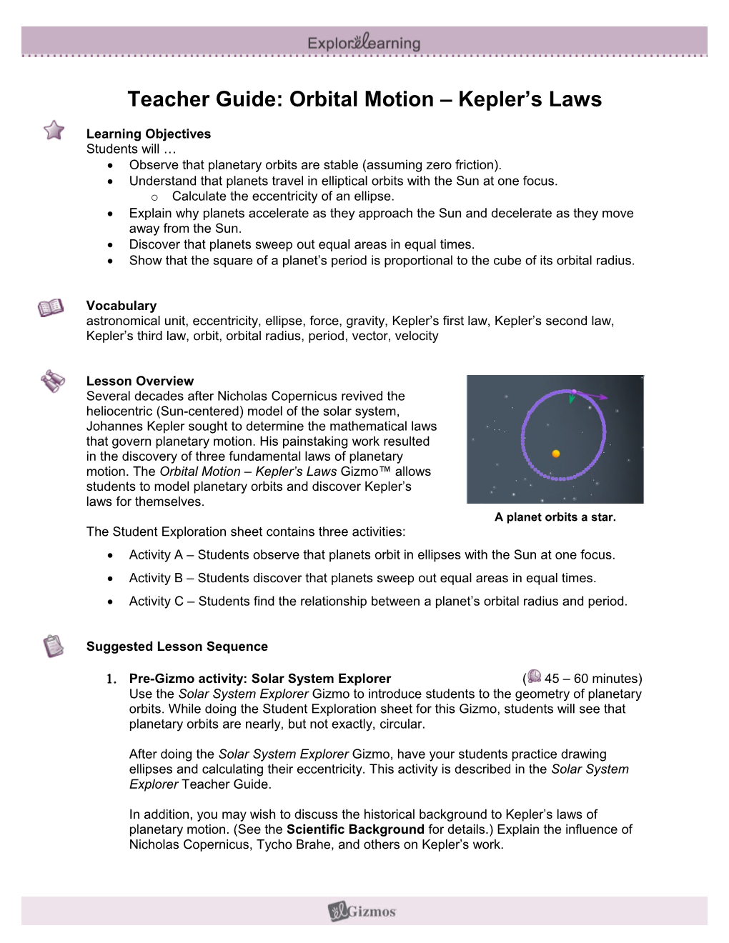 Teacher Guide: Orbital Motion Kepler S Laws