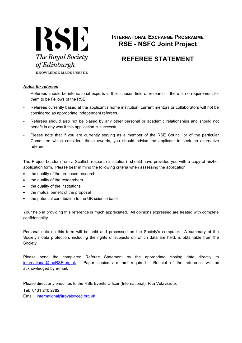 Referee Statement for a Short Term Visit Tenable Overseas